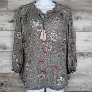 Style & Co.* Women's Long Sleeve Ruffled Boat Neck Keyhole Tassel Blouse~Size PL